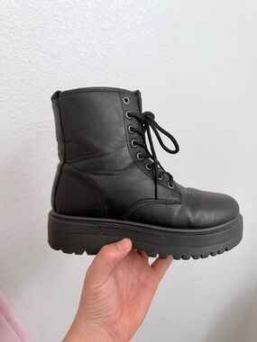 Black Platform Lace-Up Combat Boots - Women's